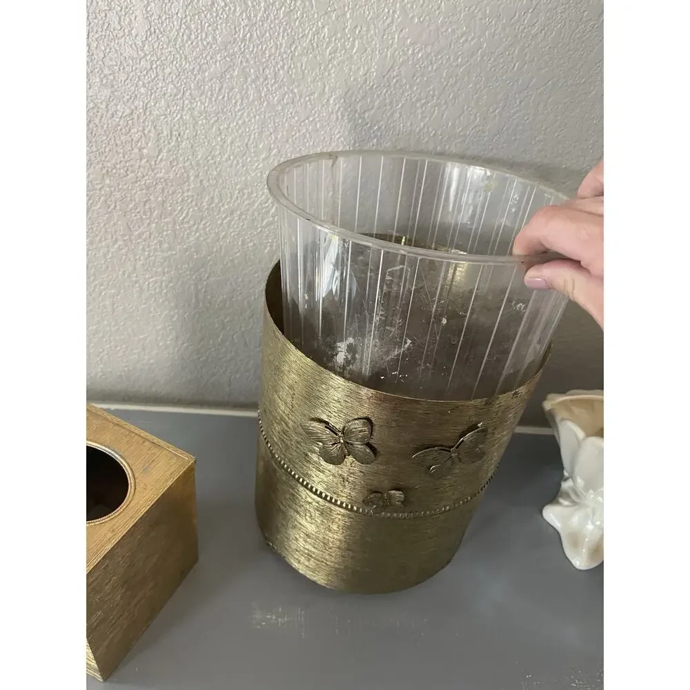 Vintage Stylebuilt 24kt Gold Plated Tissue Box Cover & trash can 3D Butterflies